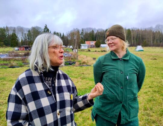 Susanne Loheman i Upplandsbygds styrelse pratar med Elin Boström på besök på Bobrunna gård.